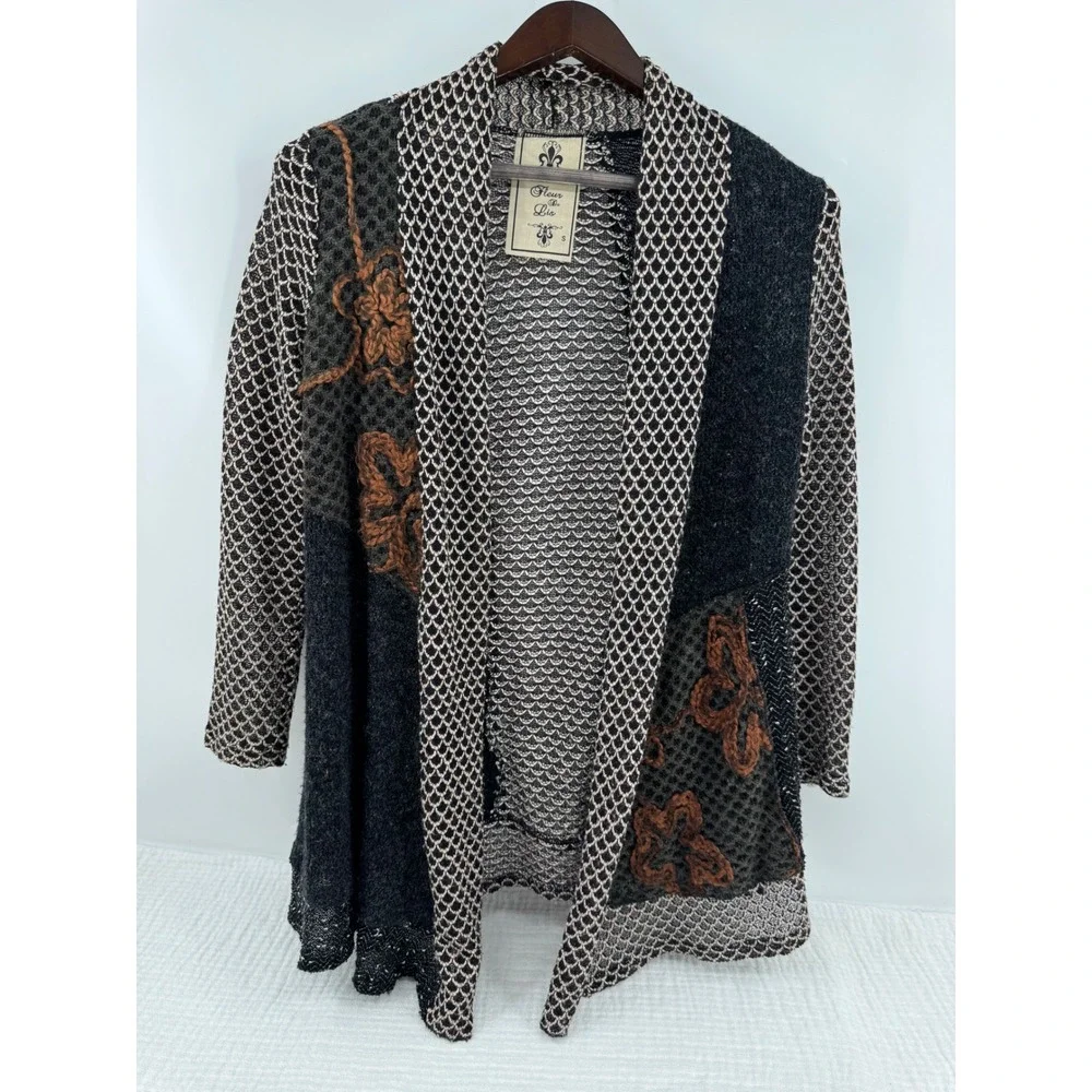 Fleur De Lis Cardigan Black Knit Yarn Patchwork Boho Floral Open Front Size S